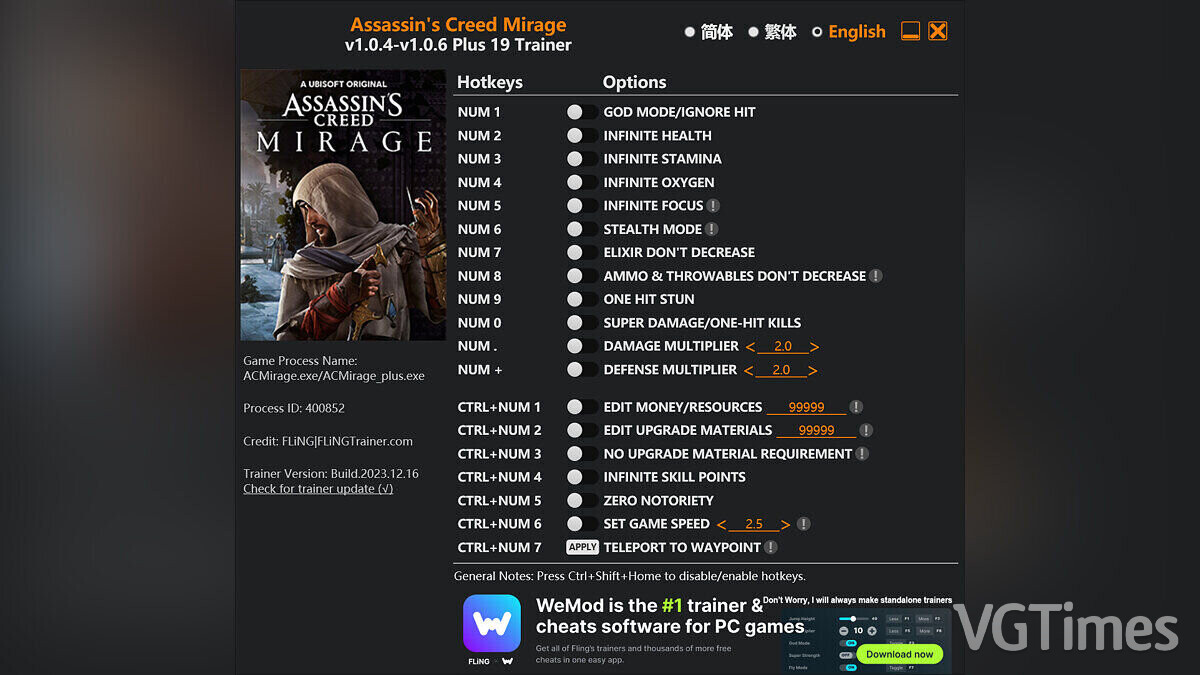 Assassin&#039;s Creed Mirage — Trainer (+19) [1.0.4 - 1.0.6]