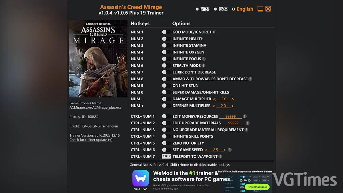 Assassin&#039;s Creed Mirage — Trainer (+19) [1.0.4 - 1.0.6]
