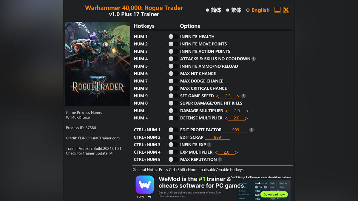 Warhammer 40,000: Rogue Trader — Trainer (+17) [1.0 - UPD: 01/21/2024]