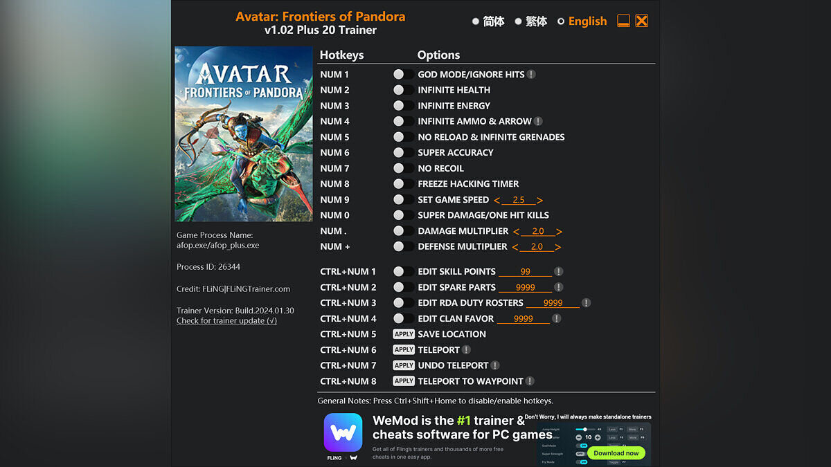 Avatar: Frontiers of Pandora — Trainer (+20) [1.02]