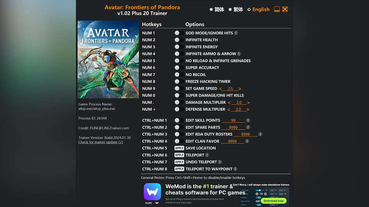 Avatar: Frontiers of Pandora — Trainer (+20) [1.02]