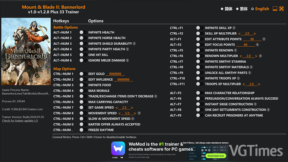 Mount &amp; Blade 2: Bannerlord — Trainer (+33) [1.0 - 1.2.8]