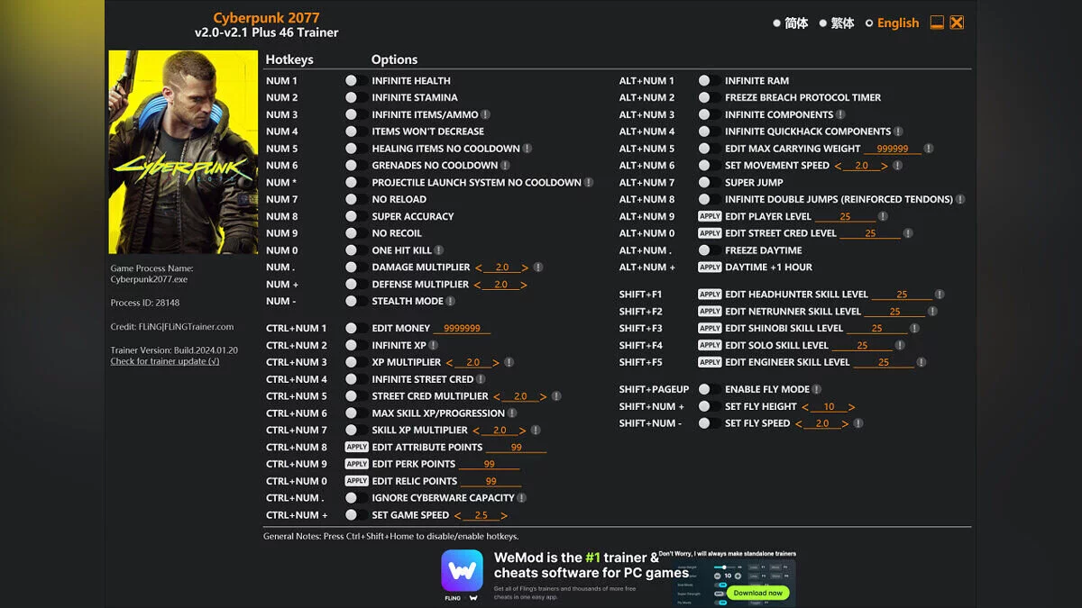 Cyberpunk 2077 — Entrenador (+46) [1.03 - 2.1]