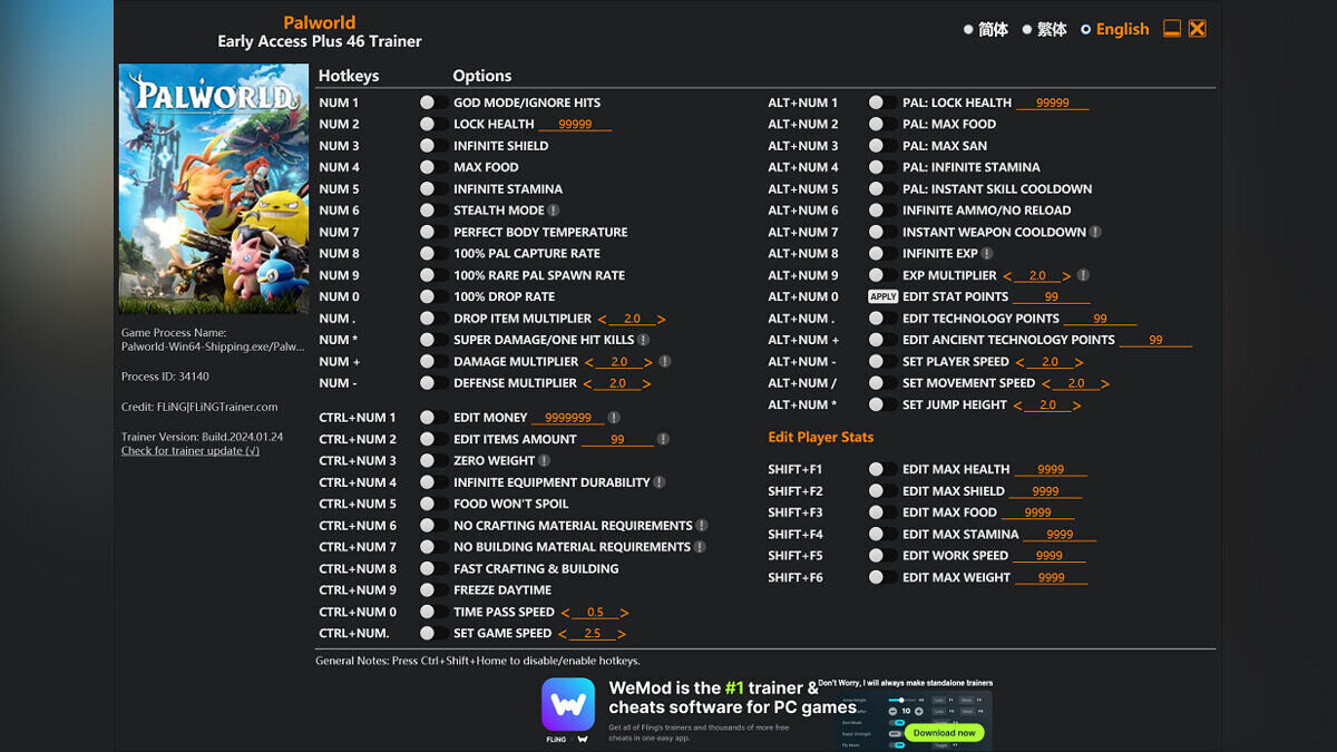 Palworld — Trainer (+46) [EA: 01/24/2024]