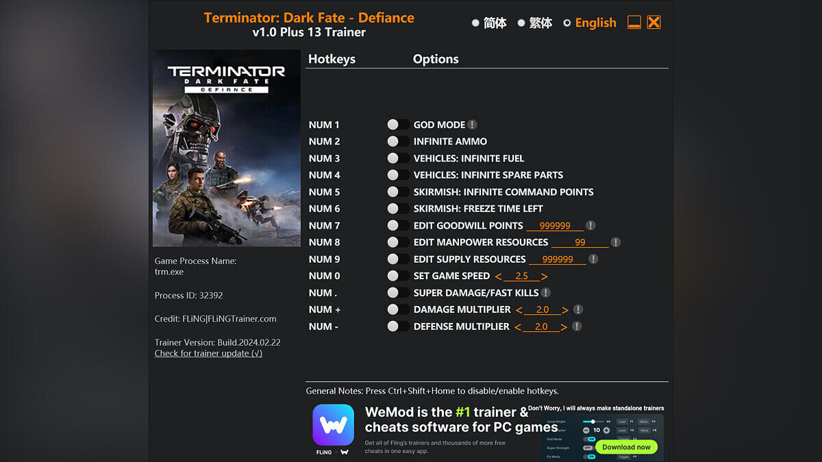 Terminator: Dark Fate - Defiance — Trainer (+13) [1.0]