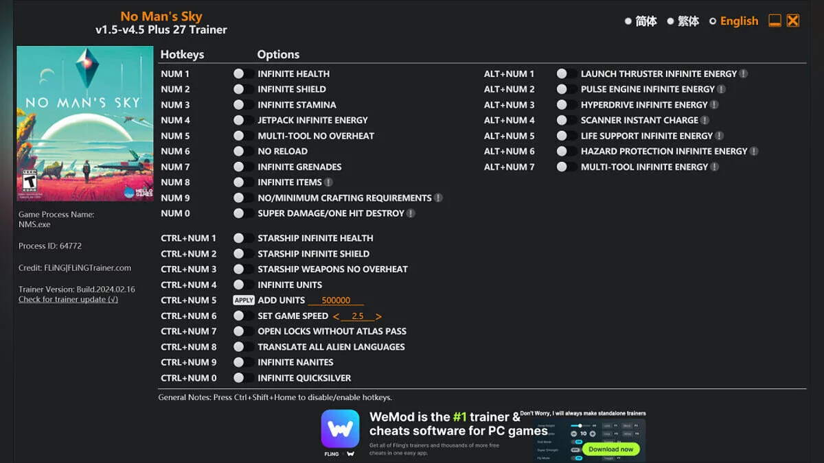 No Man&#039;s Sky — Entrenador (+27) [1.0 - 4.5]