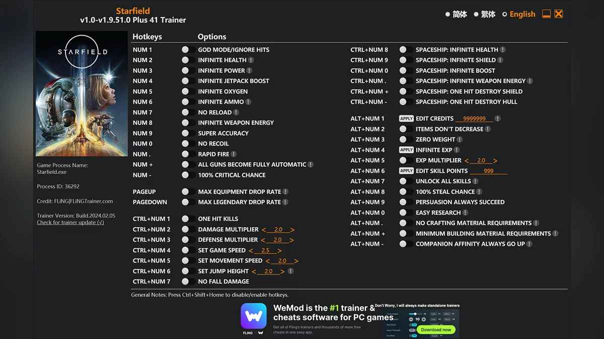 Starfield — Entrenador (+41) [1.0 - 1.9.51.0]