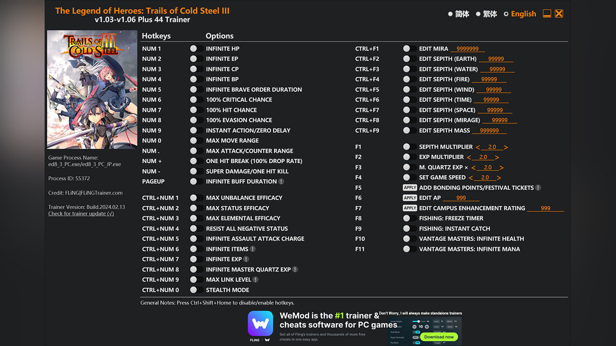 The Legend of Heroes: Trails of Cold Steel 3 — Trainer (+44) [1.03 - 1.06]