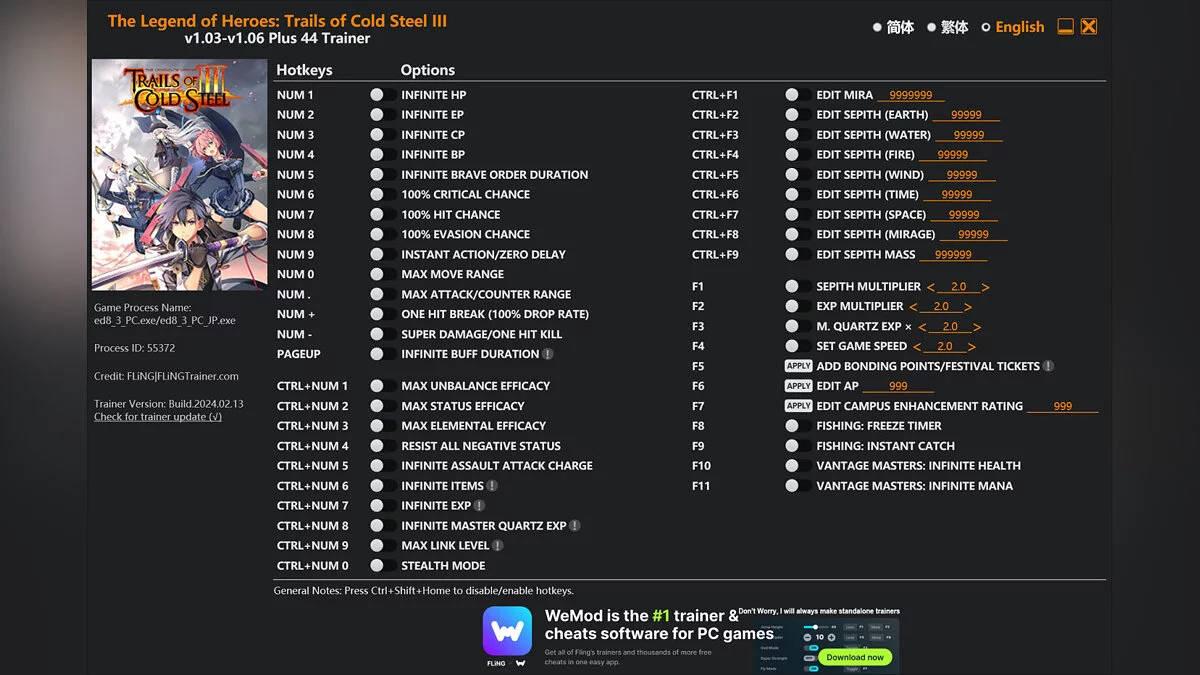 The Legend of Heroes: Trails of Cold Steel 3 — Trener (+44) [1,03 - 1,06]