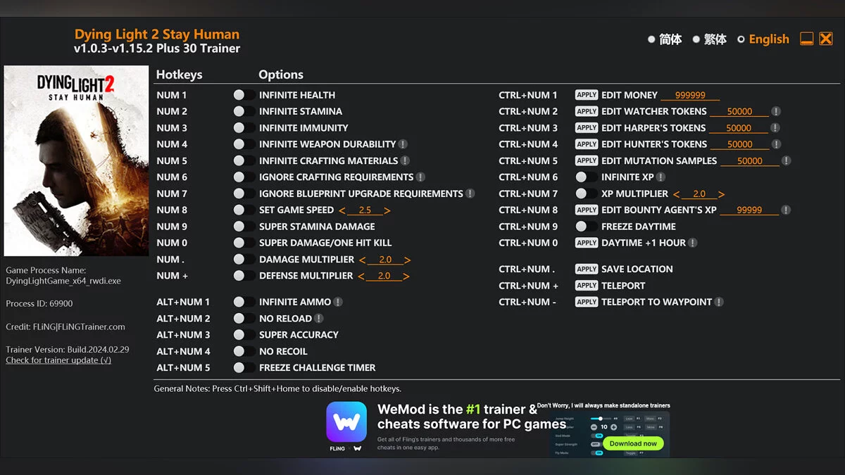 Dying Light 2 Stay Human — Trainer (+30) [1.0.3 - 1.15.2]