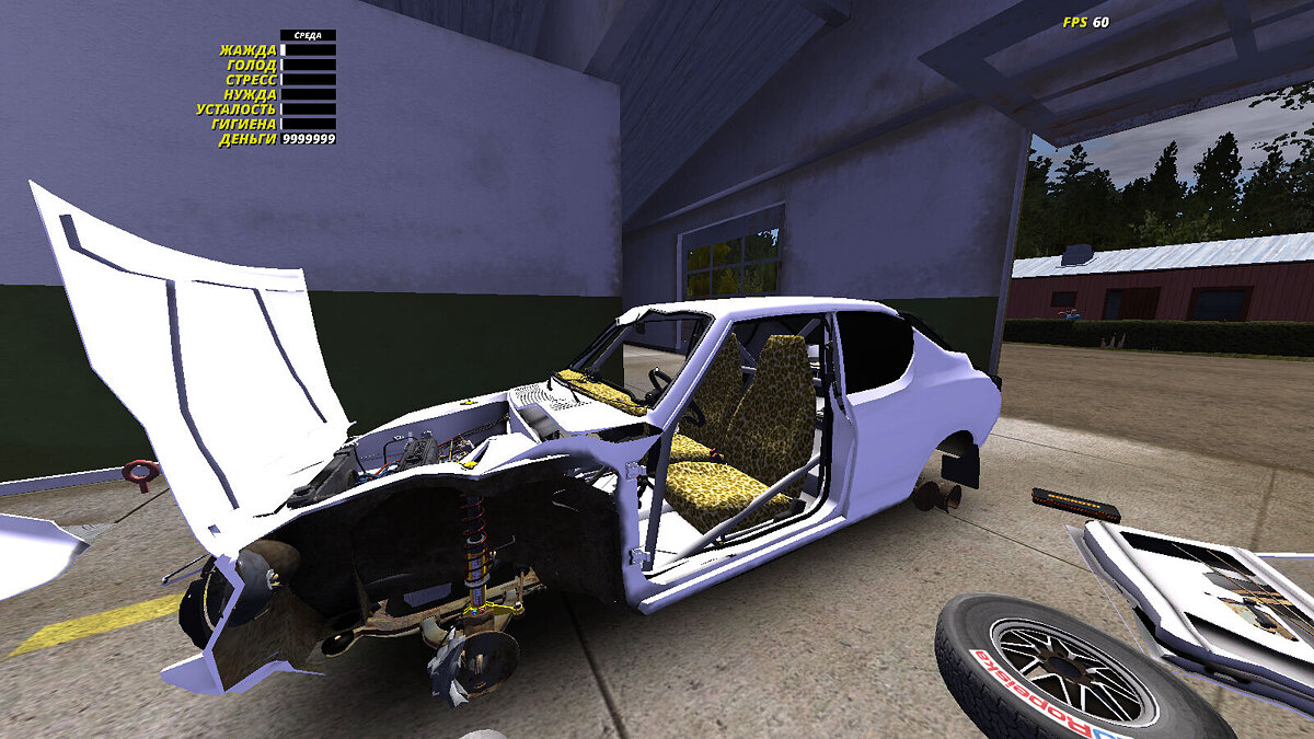 My Summer Car — A broken Satsuma after an unsuccessful repair at a car repair shop