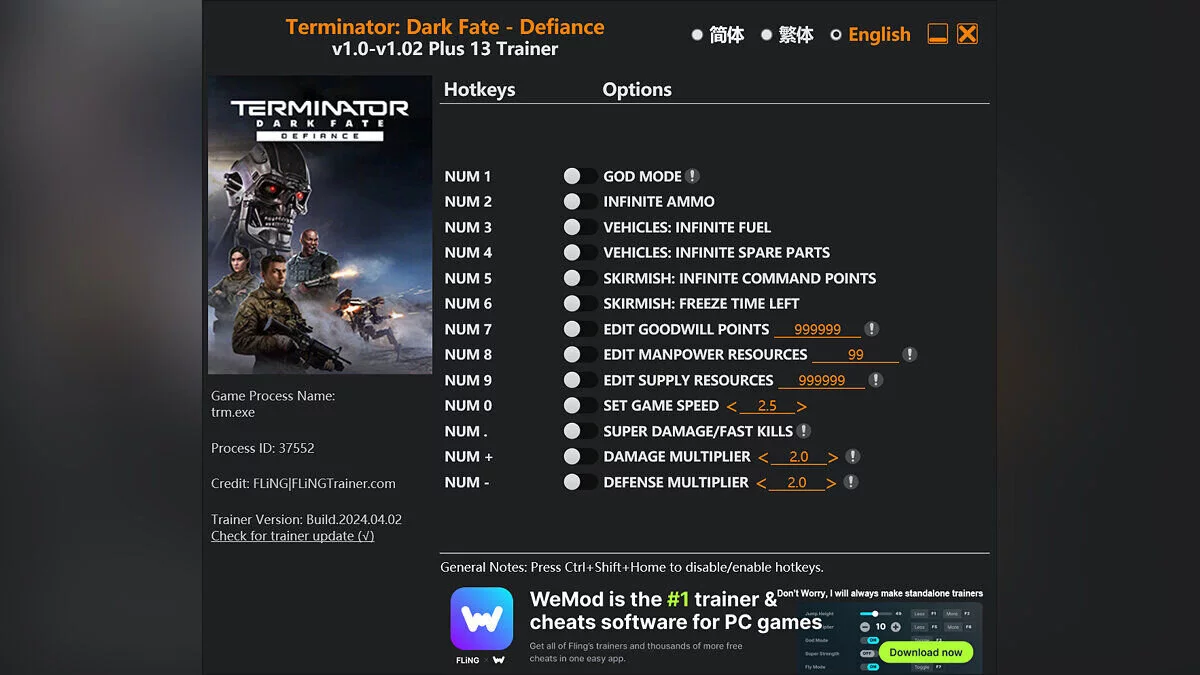 Terminator: Dark Fate - Defiance — Trainer (+13) [1.0 - 1.02]