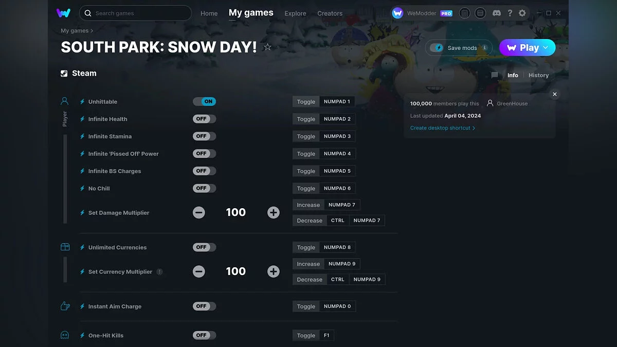 South Park: Snow Day! — Трейнер (+14) від 04.04.2024 [WeMod]