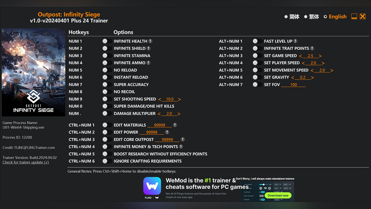 Outpost: Infinity Siege — Trainer (+24) [1.0 - UPD: 04/01/2024]