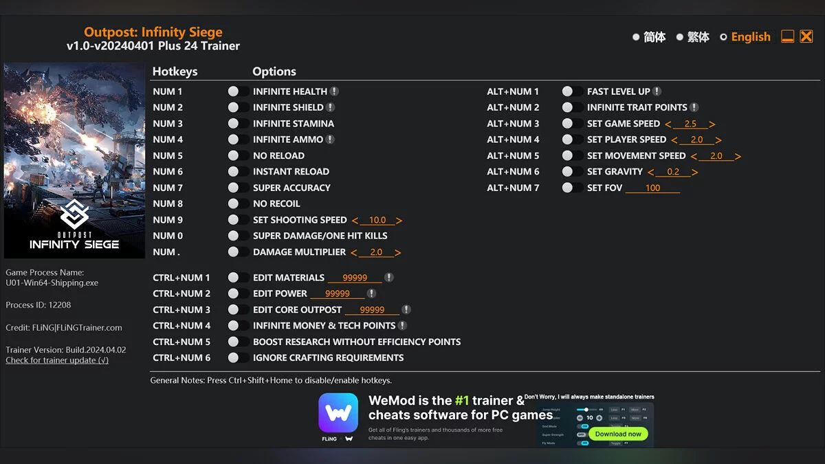 Outpost: Infinity Siege — Entrenador (+24) [1.0 - ACTUALIZADO: 01/04/2024]