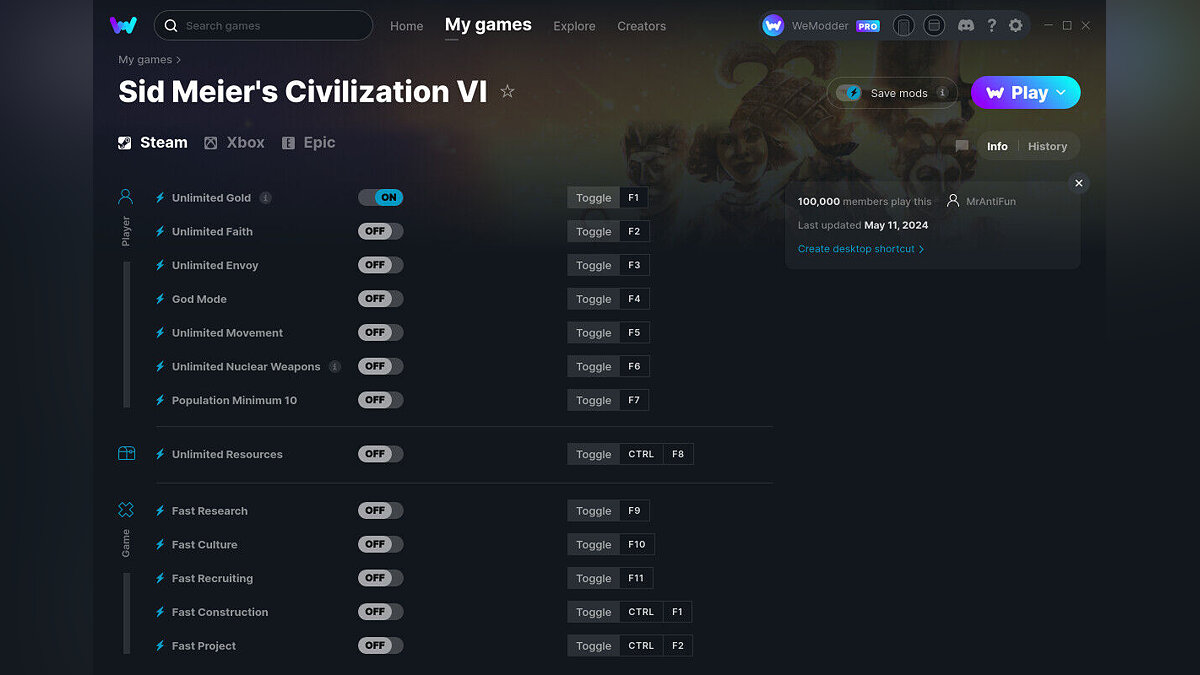 Sid Meier&#039;s Civilization 6 — Trainer (+13) from 05/11/2024 [WeMod]