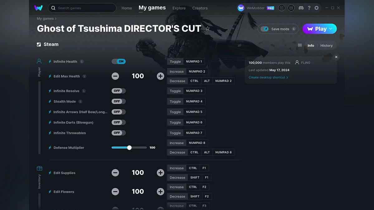 Ghost of Tsushima: Director&#039;s Cut — Entrenador (+30) del 17/05/2024 [WeMod]