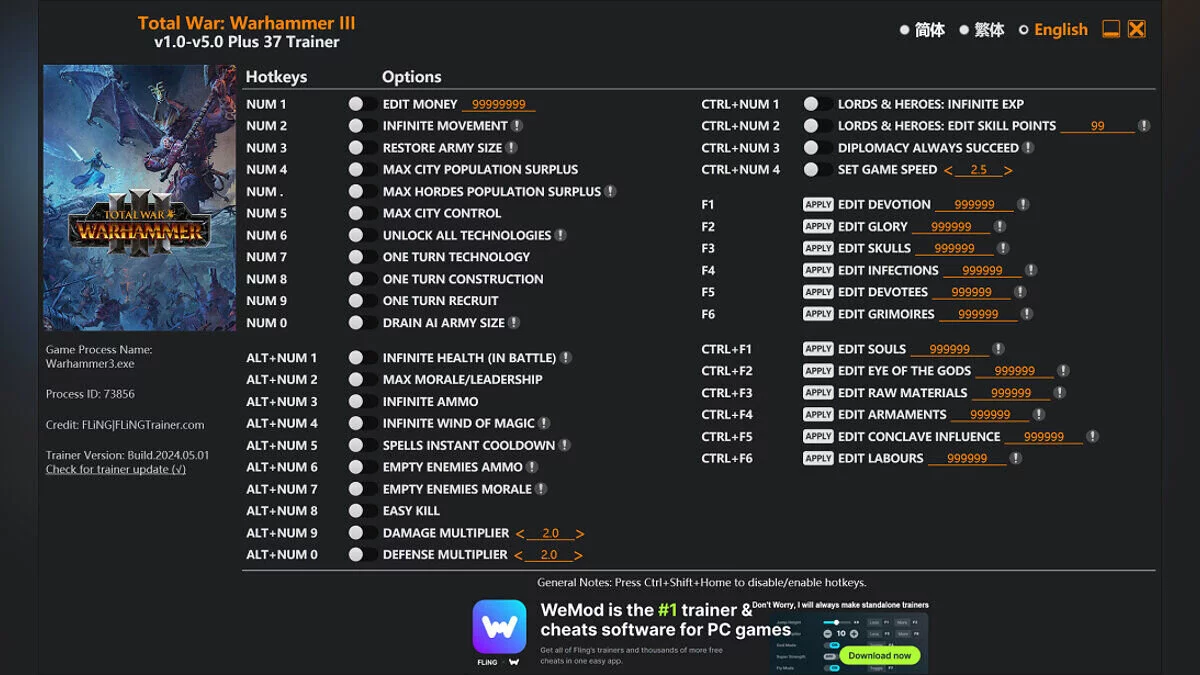 Total War: Warhammer 3 — Trainer (+37) [1.0 - 5.0]