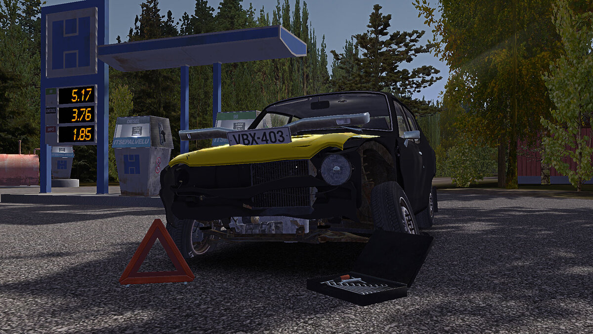 My Summer Car — Satsuma after an accident, stock engine, dented body, 19,506 marks on account