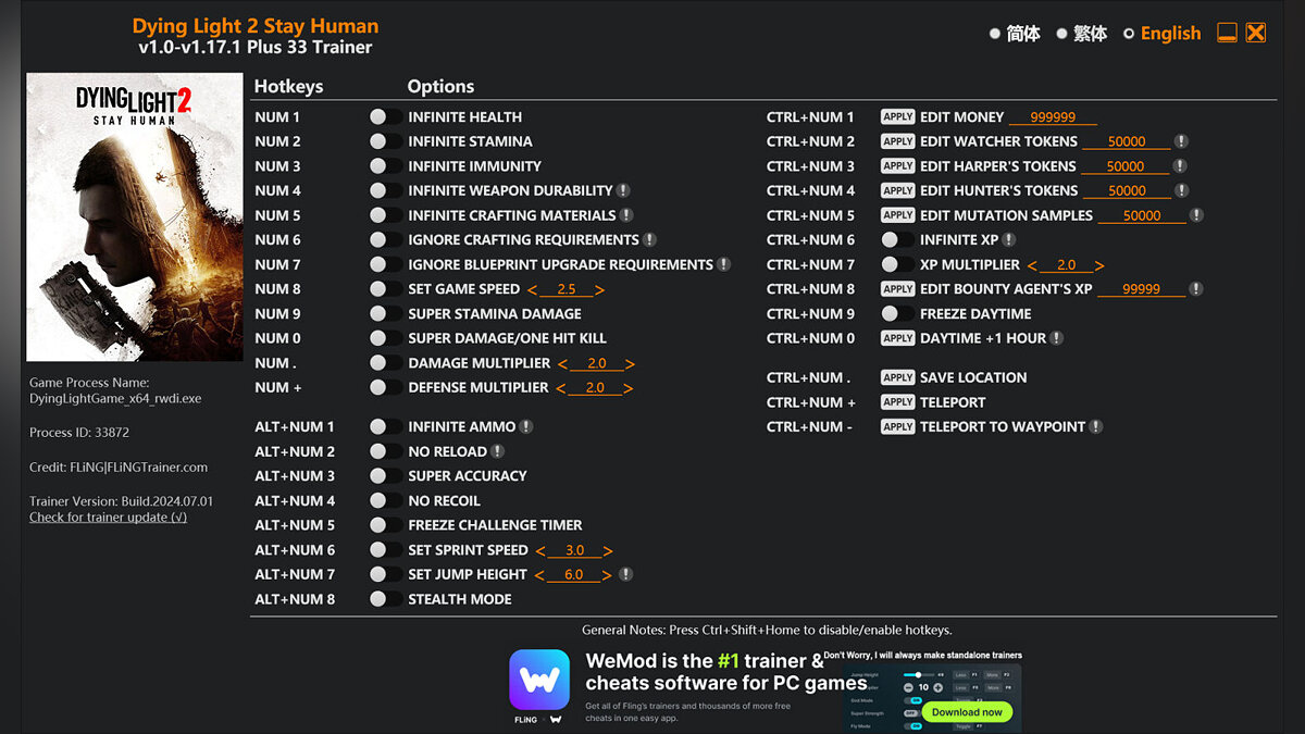 Dying Light 2 Stay Human — Trainer (+33) [1.0.3 - 1.17.1]