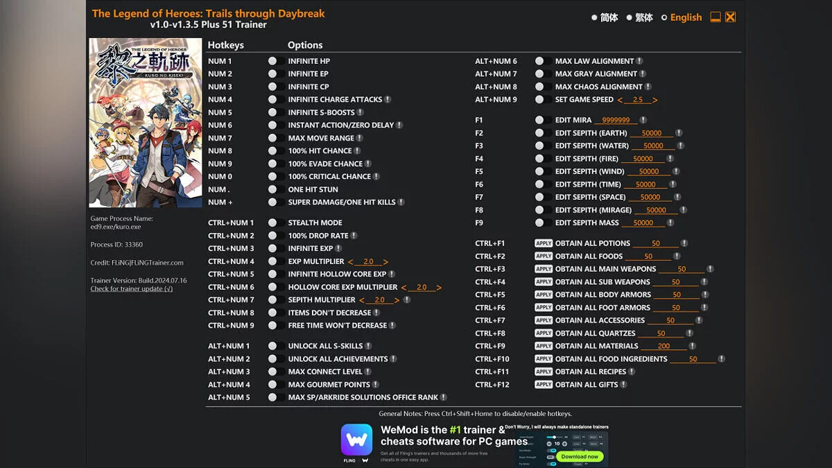 The Legend of Heroes: Kuro no Kiseki — Trener (+51) [1,0 - 1,3,5]