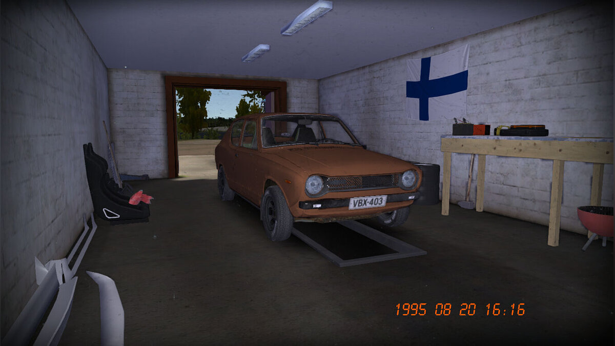 My Summer Car — Stock Satsuma with license plates, 100k stamps, all tuning and GT parts in the garage