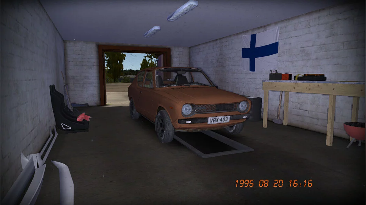 My Summer Car — Stock Satsuma con matrículas, 100.000 sellos, todas las piezas tuning y GT en el garaje.