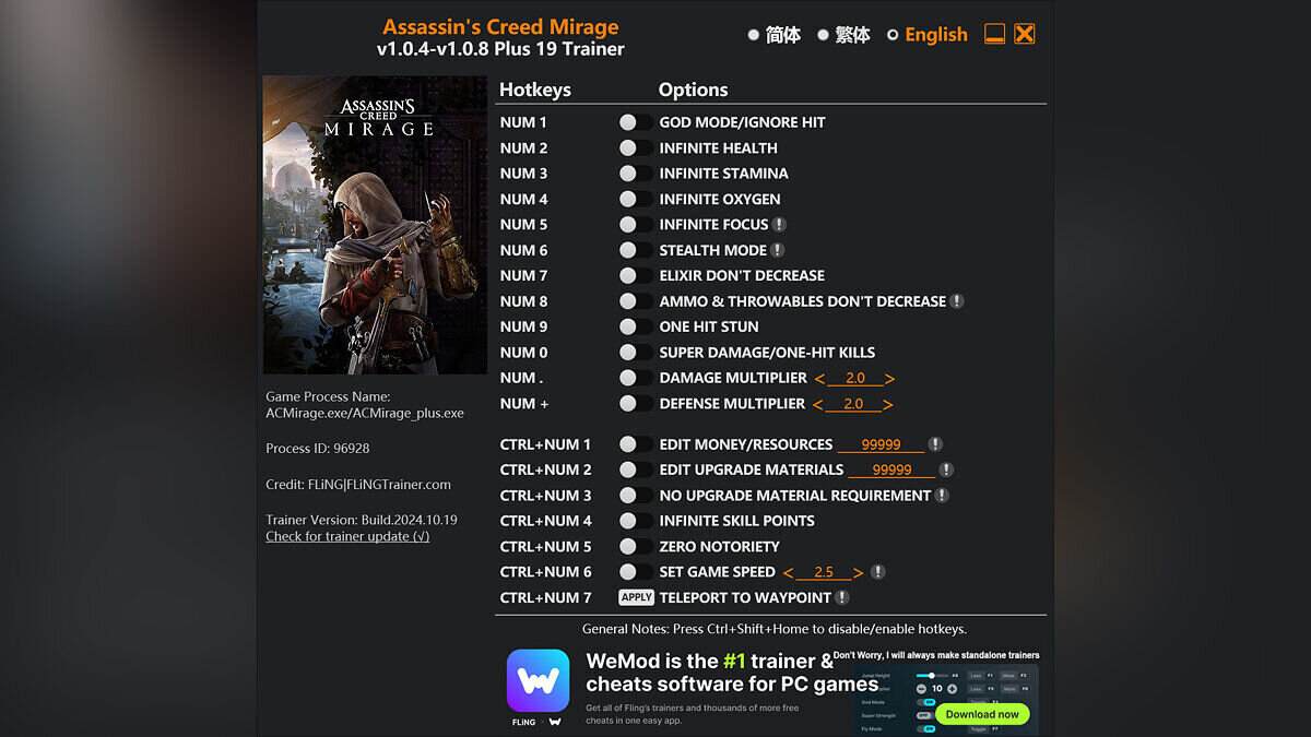 Assassin&#039;s Creed Mirage — Trainer (+19) [1.0.4 - 1.0.8]