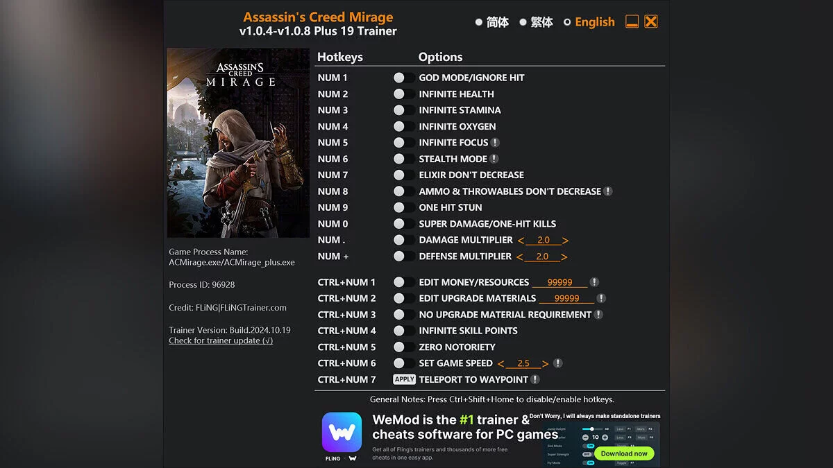 Assassin&#039;s Creed Mirage — Trainer (+19) [1.0.4 - 1.0.8]