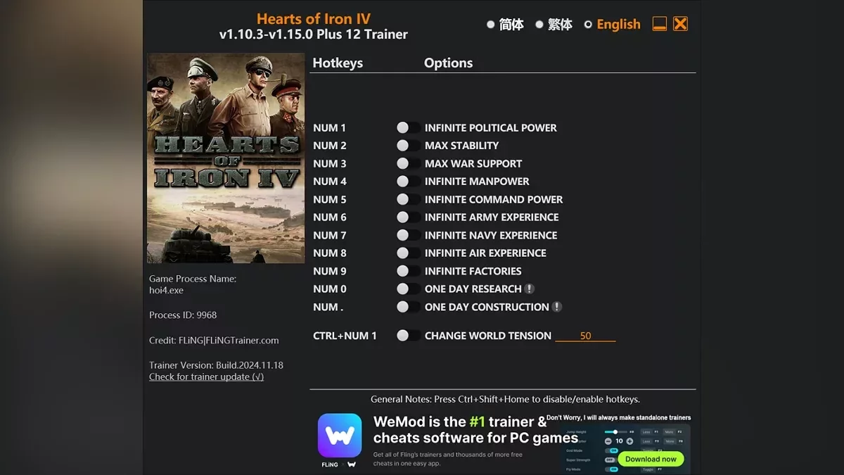 Hearts of Iron 4 — Trainer (+12) [1.10.3 - 1.15.0]