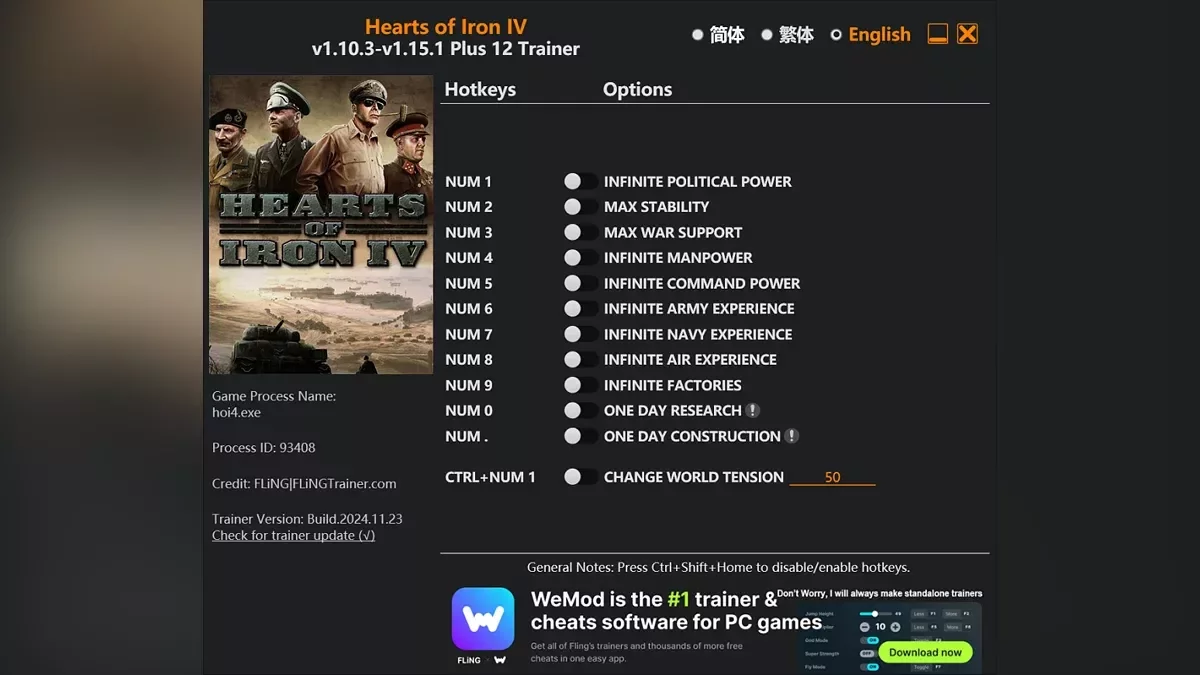 Hearts of Iron 4 — Trainer (+12) [1.10.3 - 1.15.1]