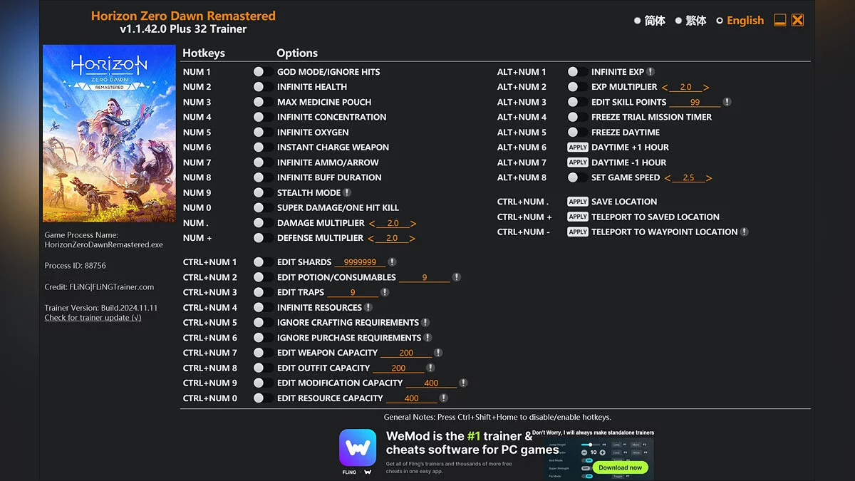 Horizon Zero Dawn Remastered — Trainer (+32) [1.1.42.0]