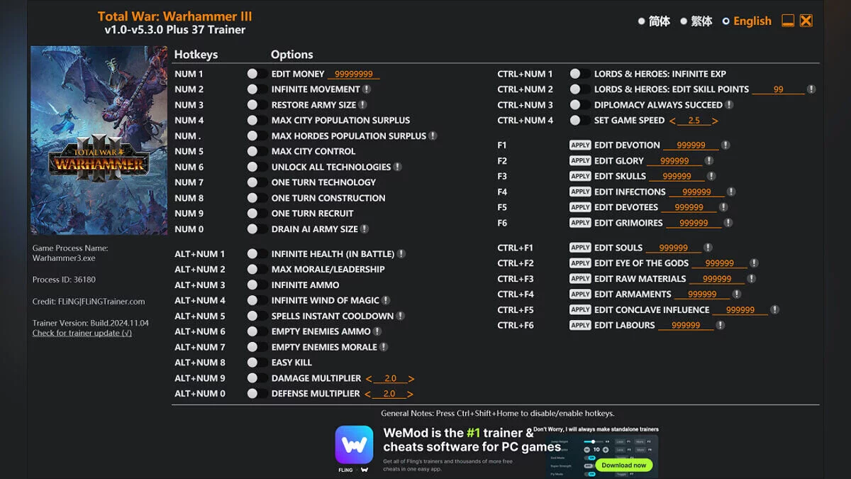 Total War: Warhammer 3 — Trainer (+37) [1.0 - 5.3.0]