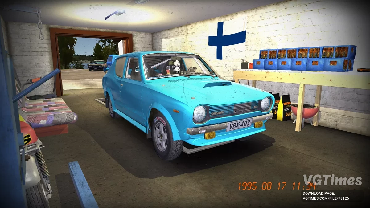 My Summer Car — Garaje completo con equipamiento y un Satsuma cargado para el rally.