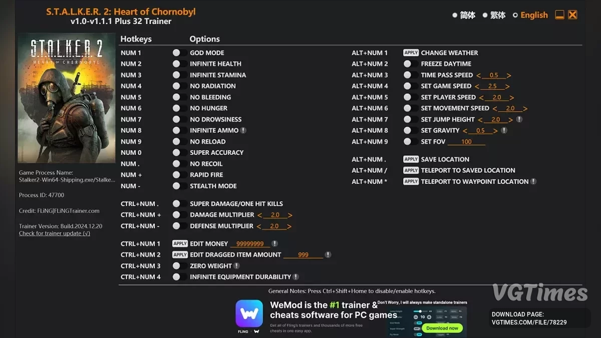 S.T.A.L.K.E.R. 2: Heart of Chornobyl — Трейнер (+32) [1.0 – 1.1.1]