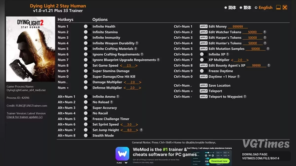 Dying Light 2 Stay Human — Trainer (+33) [1.0.3 - 1.20]