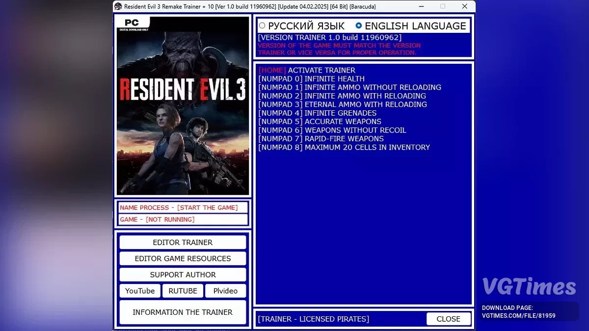 Resident Evil 3 — Трейнер (+10) [Версія 1.0 збірка 11960962 / Оновлення 04.02.2025]