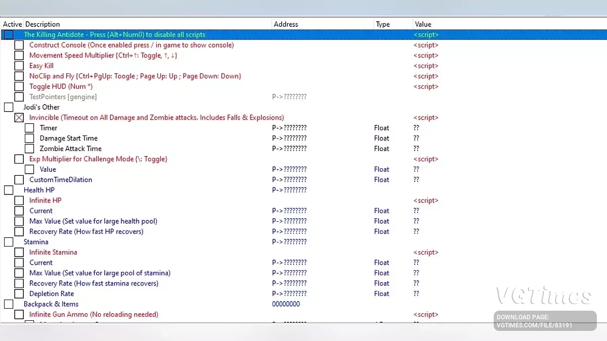 The Killing Antidote — Таблиця для Cheat Engine [ОНОВЛЕНО: 06.05.2025]