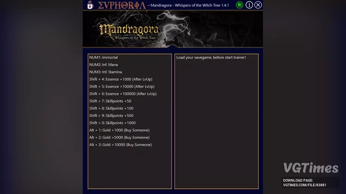 Mandragora: Whispers of the Witch Tree — Entrenador (+13) [1.4.1]