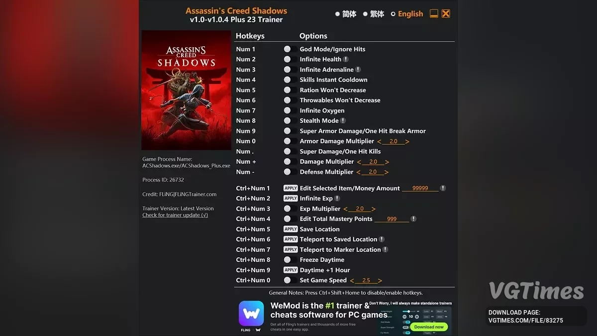 Assassin&#039;s Creed Shadows — Trener (+23) [1.0 - 1.0.4]
