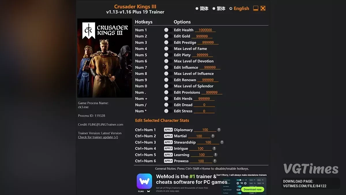 Crusader Kings 3 — Entrenador (+19) [1.0 - 1.16]