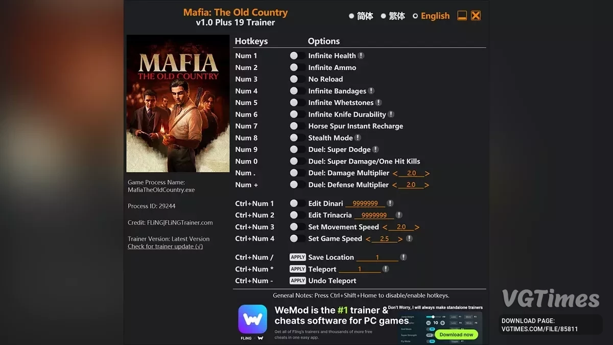Mafia: The Old Country — Трейнер (+19) [1.0: Fixed]