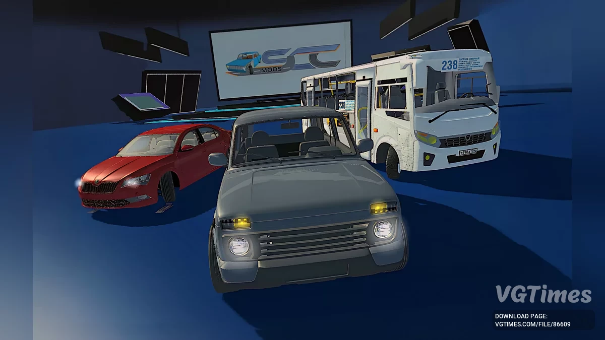 Simple Car Crash Physics Sim — Сцена-подіум із заставкою (фоном) тематично відредагованого логотипу SCC