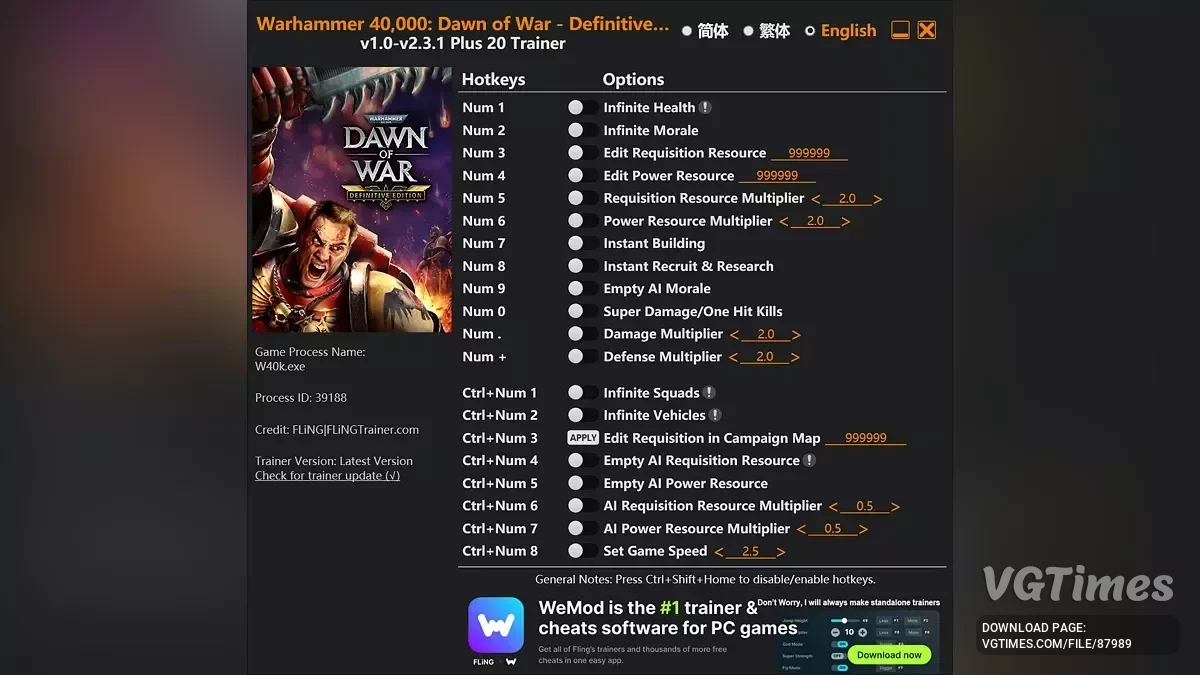 Warhammer 40,000: Dawn of War - Definitive Edition — Trainer (+20) [1.0 - 2.3.1]