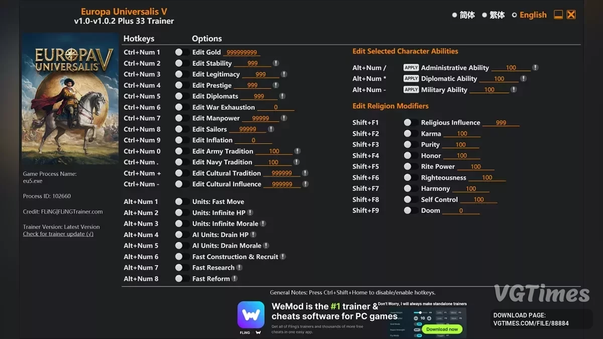 Europa Universalis 5 — 训练器 (+33) [1.0 - 1.0.2]
