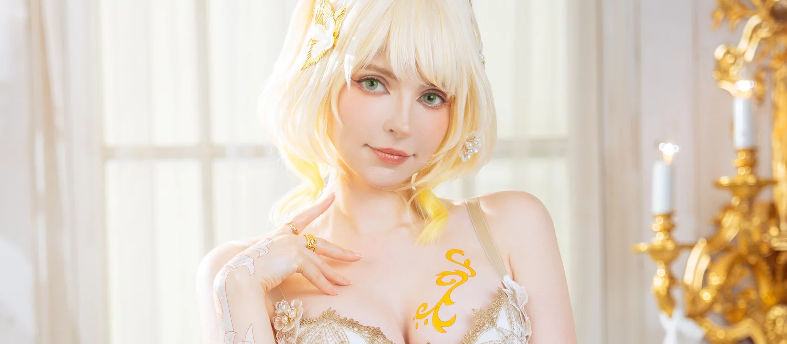 PeachMilky Cosplays as a Semi-Nude Aglaea from Honkai: Star Rail