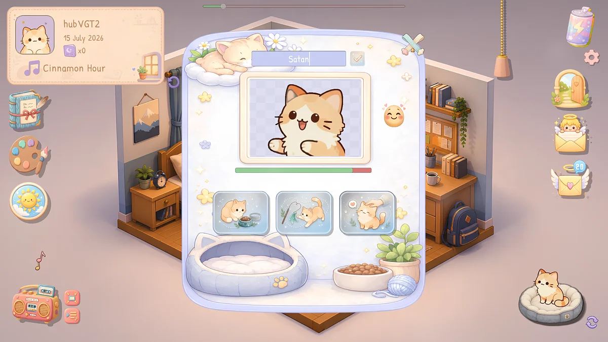 The cat is easily the most charming part of the entire game. Feeding, playing, and petting it simply involve pressing a button—there are no animations. You can also give it a name and choose a different bed