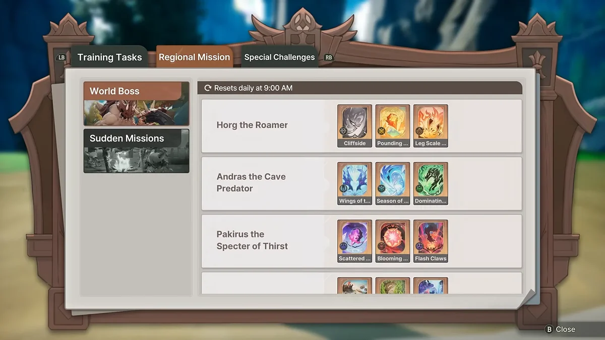 Menu with available world and regional bosses
