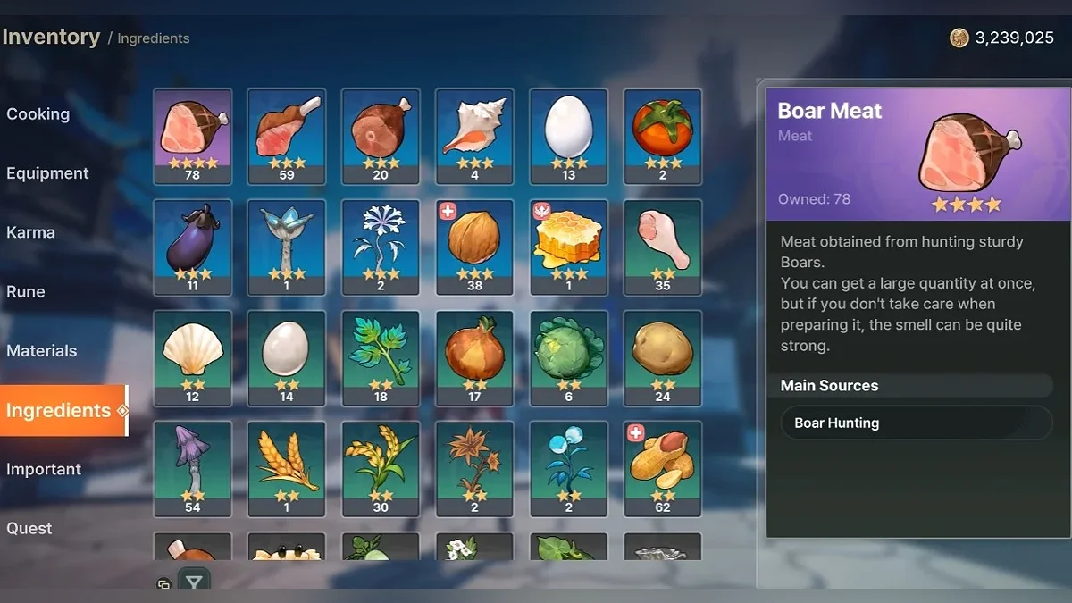 Farming ingredients and upgrade materials