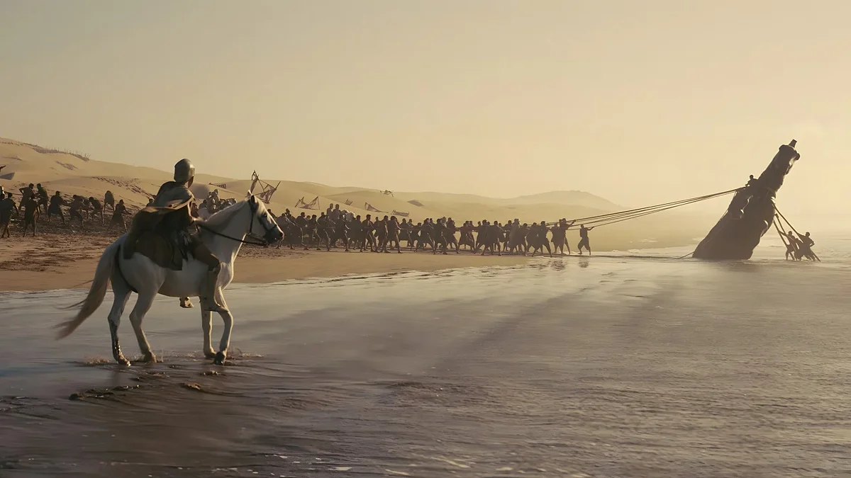 Nolan's Trojan Horse is not a majestic wooden statue on wheels, but a half-submerged structure where soldiers are suffocating
